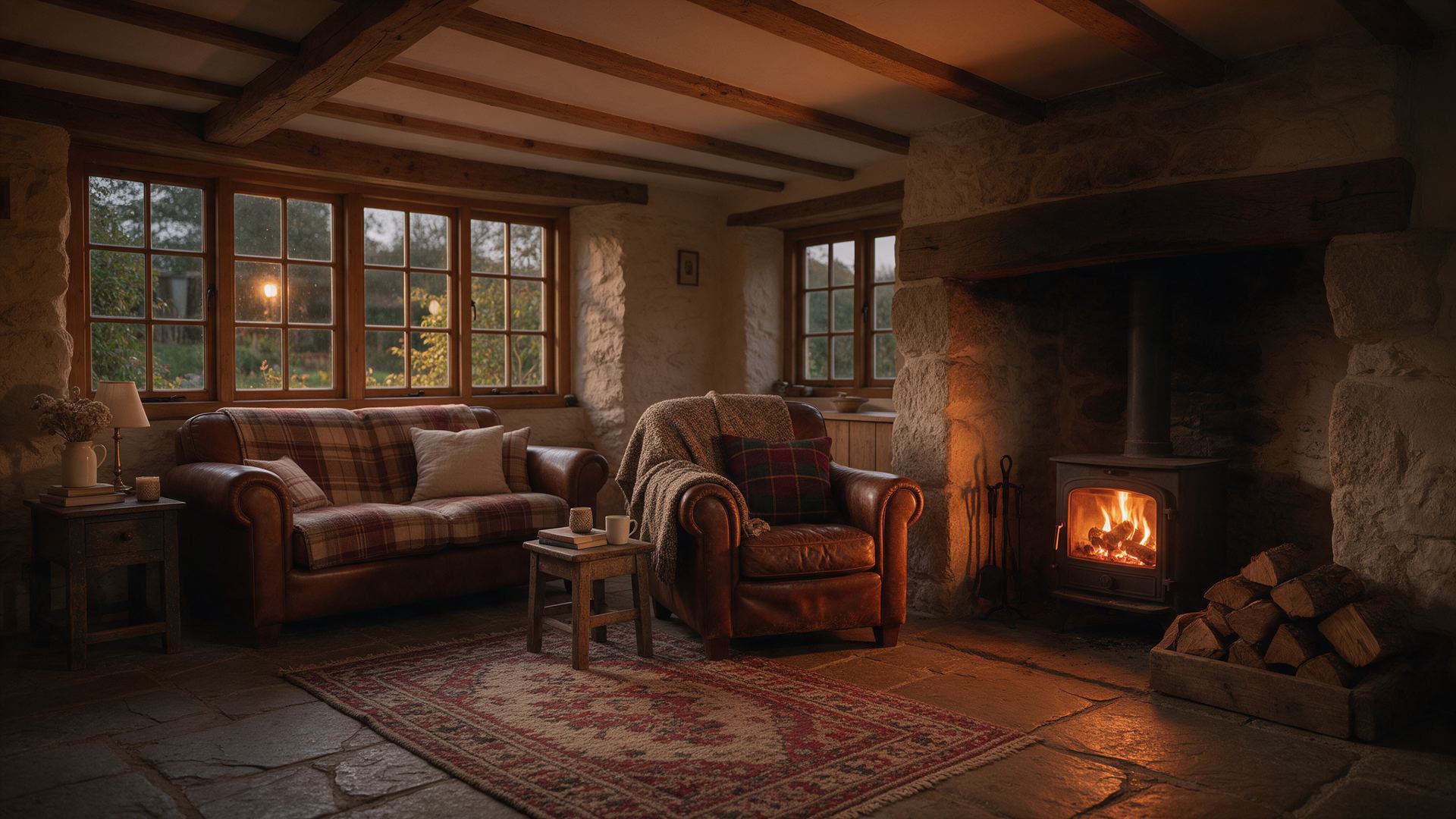 Warm Devon cottage living room with a lit woodburner